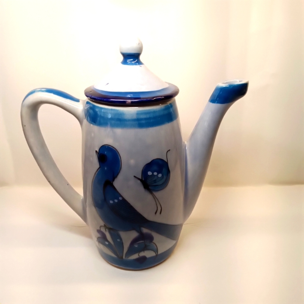 Vintage Tonala Pottery Bluebird Butterfly Coffee Chocolate Teapot Mexico Folk Ar